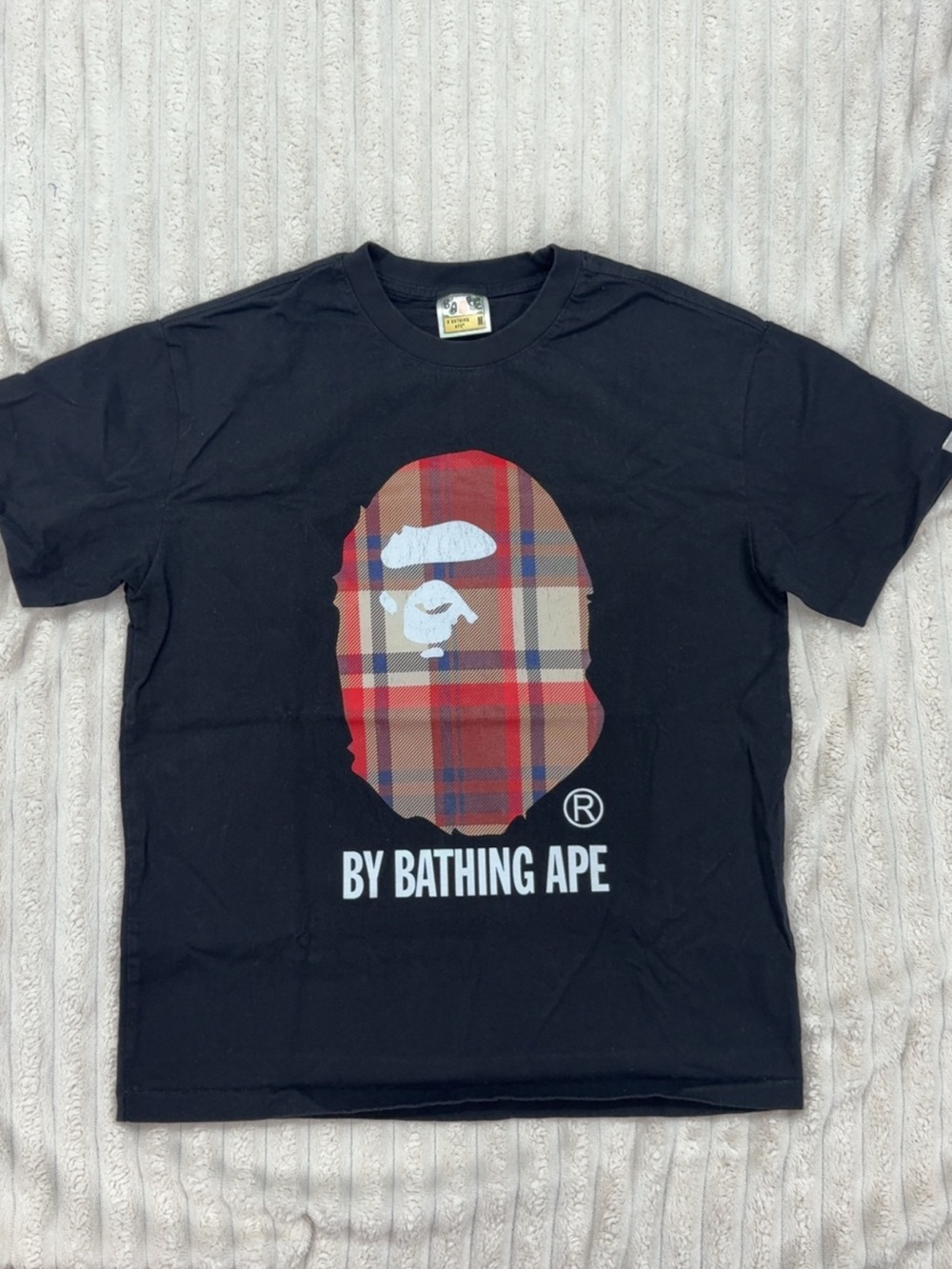 Bape Black Tee with Red Tan Plaid Ape Head